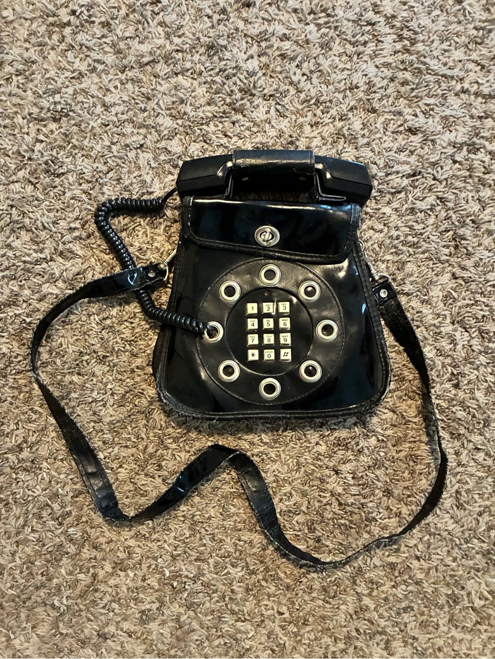 1970s vintage black patent leather push button telephone purse